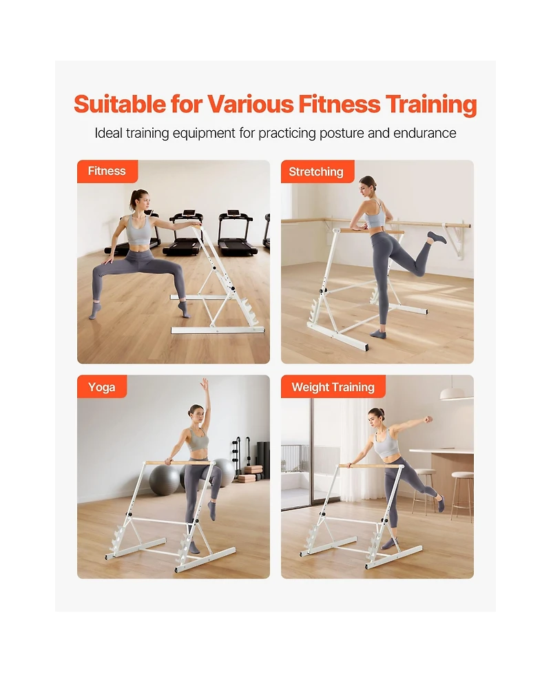 Sevorley Freestanding Ballet Barre, 3 Ft Foldable Portable Dance Stretch Bar, 4-Level Adjustable