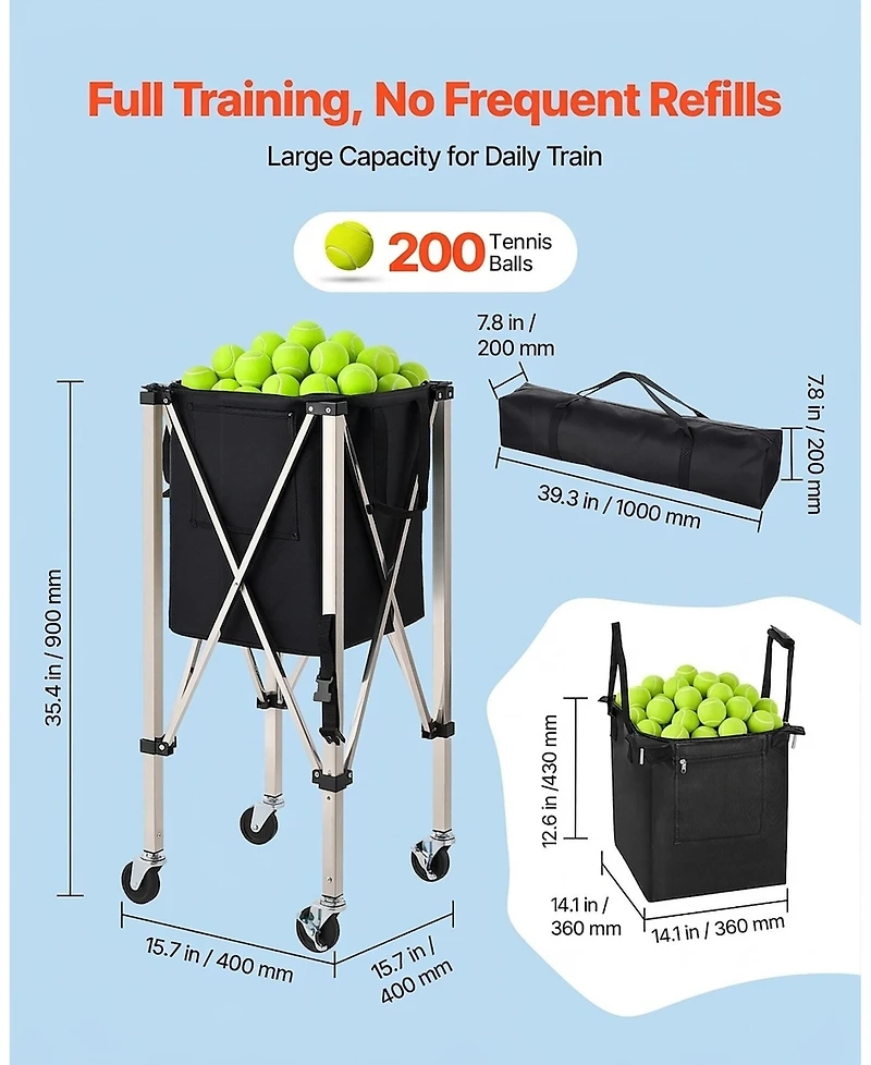 Sevorley Foldable Tennis Ball Hopper Cart with Wheels, Holds 200 Balls