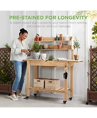Best Choice Products Wood Garden Potting Bench Workstation Table w/ Sliding Tabletop, 4 Locking Wheels, Dry Sink