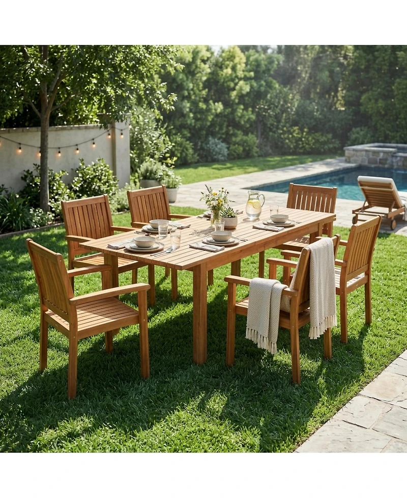 Clihome 7-Piece Acacia Wood Outdoor Dining Set - 6 Chairs and Expandable Table