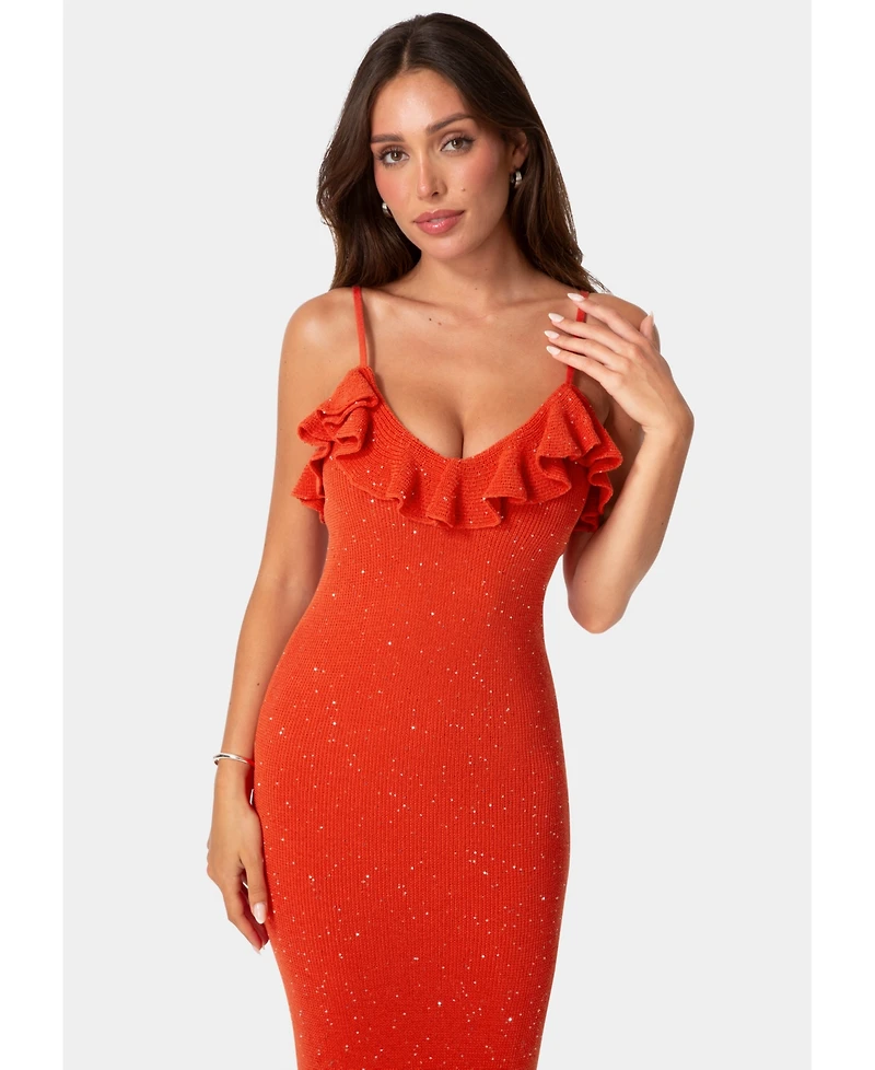 Bebe Women's Sequin Crochet Ruffle Neck Gown