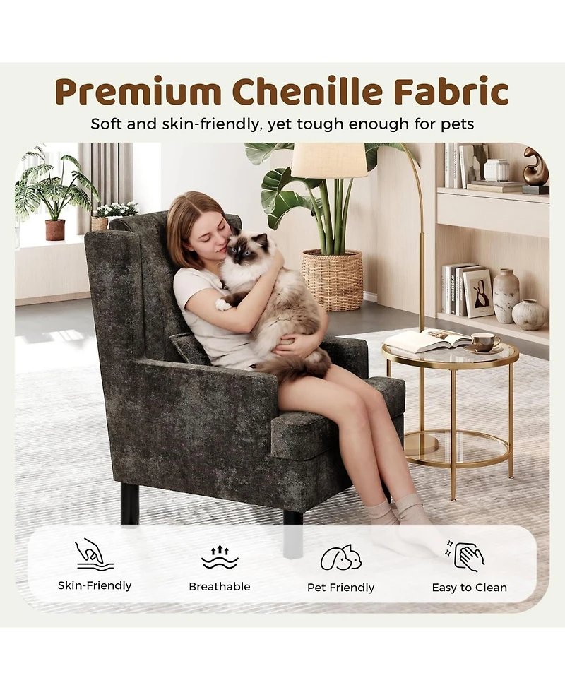 homfan Chenille Wingback Accent Chair with Lumbar Pillow, Mid-Century Modern Reading Chair, Wood Legs
