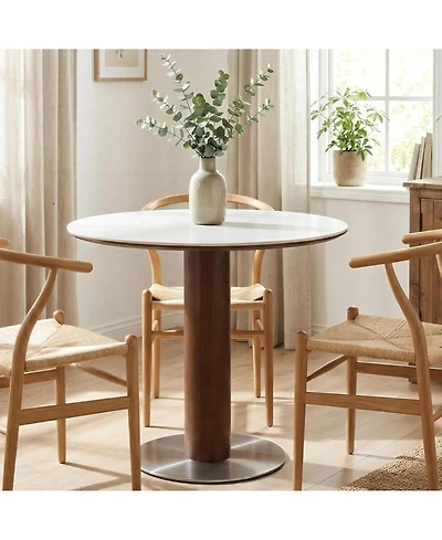Tribesigns 31.5" Solid Wood Dining Table, Round Dinner Table with Sintered Stone Top and Steel Pedestal, Mid Century Modern Bistro Table