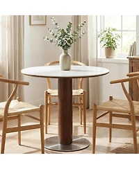 Tribesigns 31.5" Solid Wood Dining Table, Round Dinner Table with Sintered Stone Top and Steel Pedestal, Mid Century Modern Bistro Table