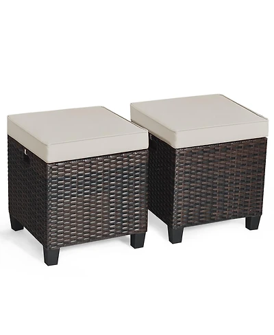 Costway 2 Piece Patio Rattan Ottoman Cushioned Seat Foot Rest Coffee Table