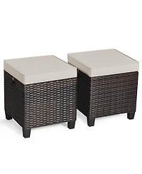 Costway 2 Piece Patio Rattan Ottoman Cushioned Seat Foot Rest Coffee Table