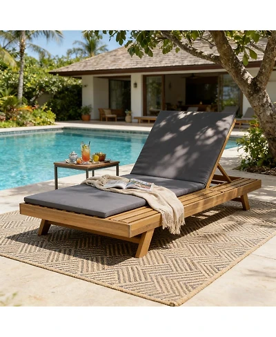 Asagikoiai Adjustable Acacia Wood Patio Chaise Lounge with Water-Resistant Cushion