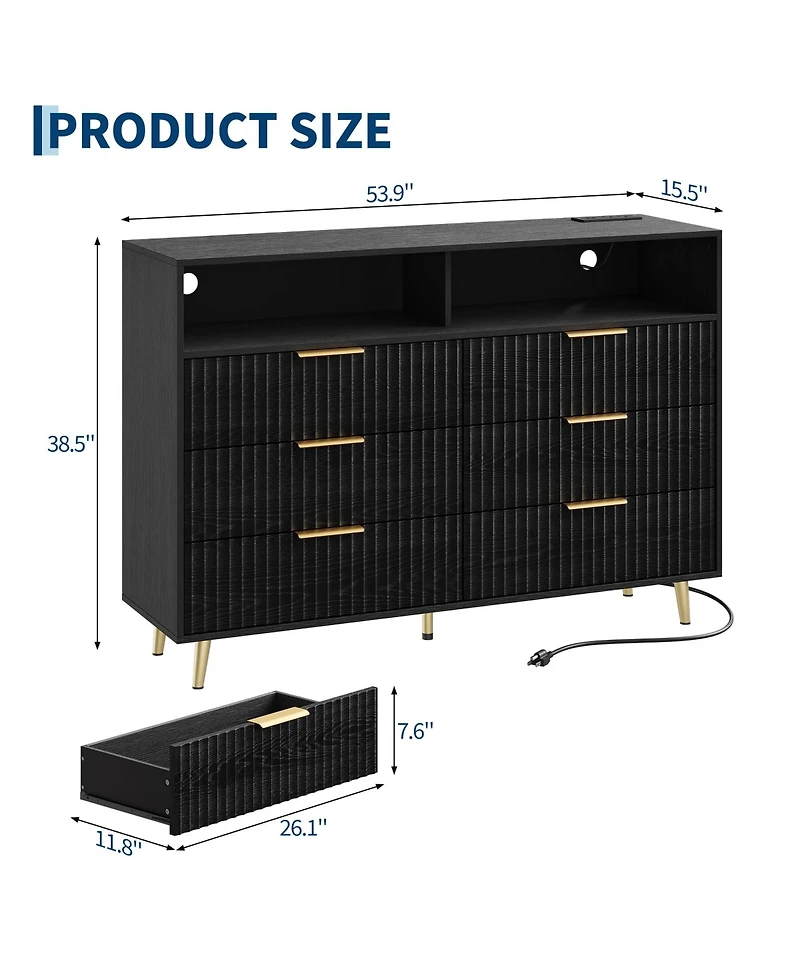 homfan Modern 6 Drawer Fluted Dresser with Led Lights and Charging Station, Wide Storage Cabinet Handles, Luxury Chest for Bedroom or Living Room