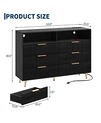 homfan Modern 6 Drawer Fluted Dresser with Led Lights and Charging Station, Wide Storage Cabinet Handles, Luxury Chest for Bedroom or Living Room