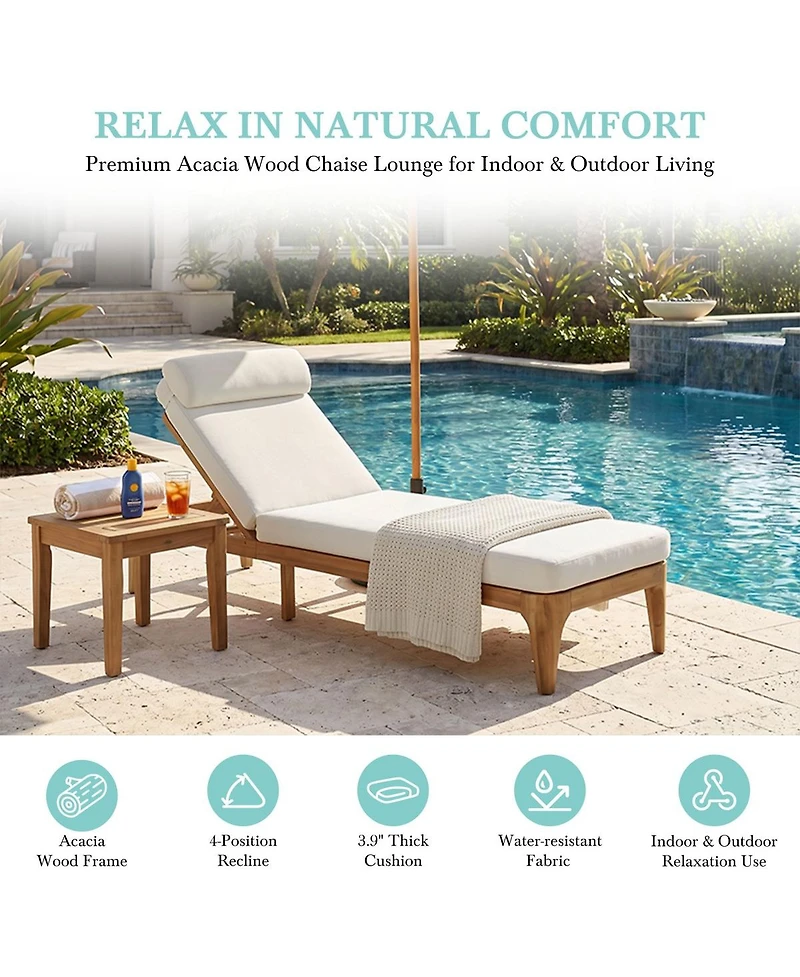 Asagikoiai Outdoor Acacia Wood Chaise Lounge, Patio Sun Lounger Recliner with Pillow and Cushion