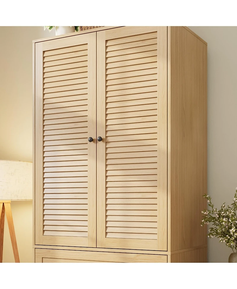 homfan Freestanding Bedroom Wardrobe, 2-Door Closet with Hanging Rod and 3 Drawers, Melamine Finish Storage Cabinet, Idea For Bedroom, Living Room