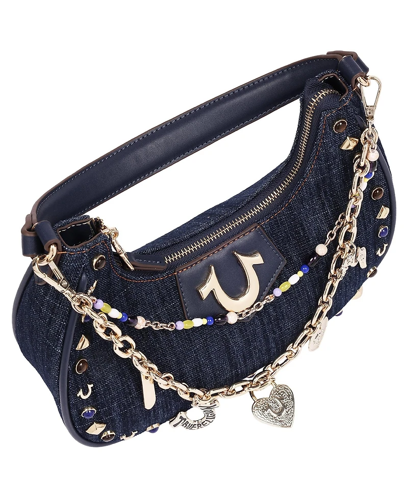 True Religion Women's Studded Denim Shoulder Bag with Removable Charm Chain