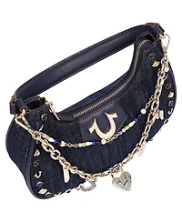 True Religion Women's Studded Denim Shoulder Bag with Removable Charm Chain