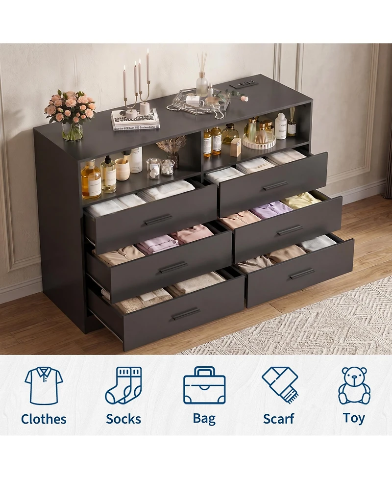 homfan 47" Wide 6 Drawer Dresser with Charging Station and Open Shelf, Chest Deep Drawers, Modern Tv Storage Organizer for Living Room