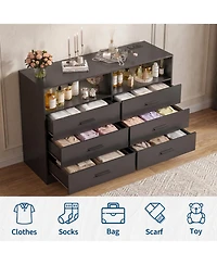 homfan 47" Wide 6 Drawer Dresser with Charging Station and Open Shelf, Chest Deep Drawers, Modern Tv Storage Organizer for Living Room
