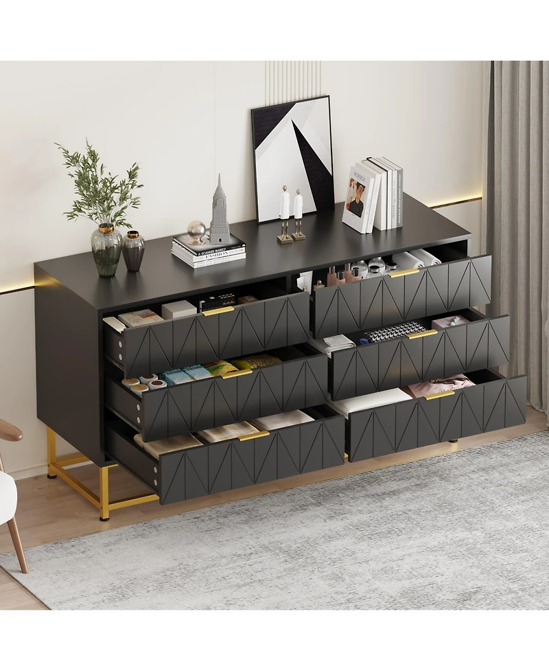 homfan Modern 6 Drawer Dresser Furniture, Wide Storage Chest with Wood Top, Metal Legs, Spacious Organizer for Bedroom, Living Room, Entryway