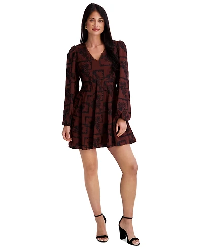 Kensie Women's Embroidered V-Neck Blouson Sleeve Mini Dress