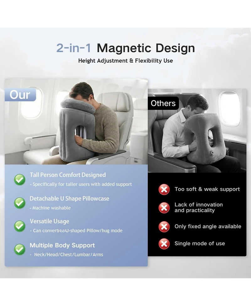 Piscifun 2 in 1 Convertible Inflatable Travel Pillow Neck Body Support Adjustable For Travel Camping Car Home