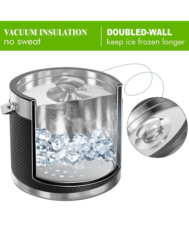Piscifun Double Wall Stainless Steel Insulated Ice Bucket with Lid and Scoop Leather Design
