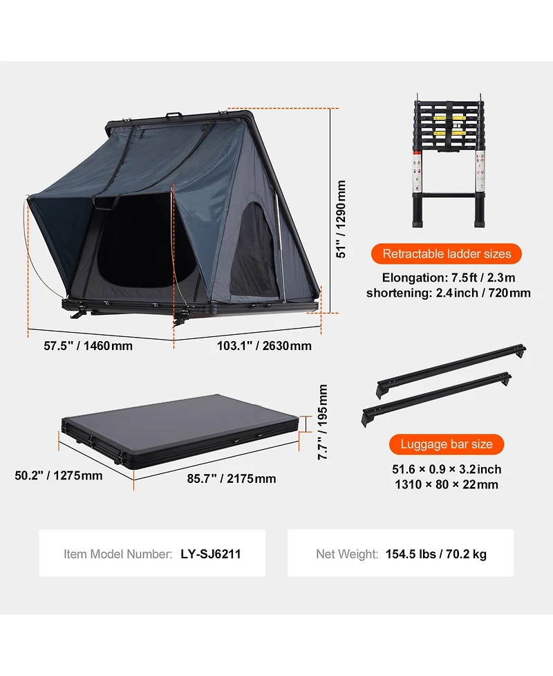 Sevorley Hard Shell Rooftop Tent for 2-3 Person, Aluminum Shell with Telescopic Ladder