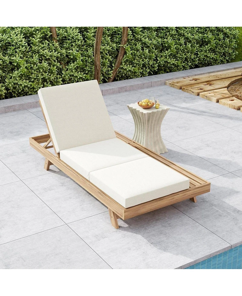 Asagikoiai Acacia Wood Outdoor Chaise Lounge with Adjustable Back and Cushion