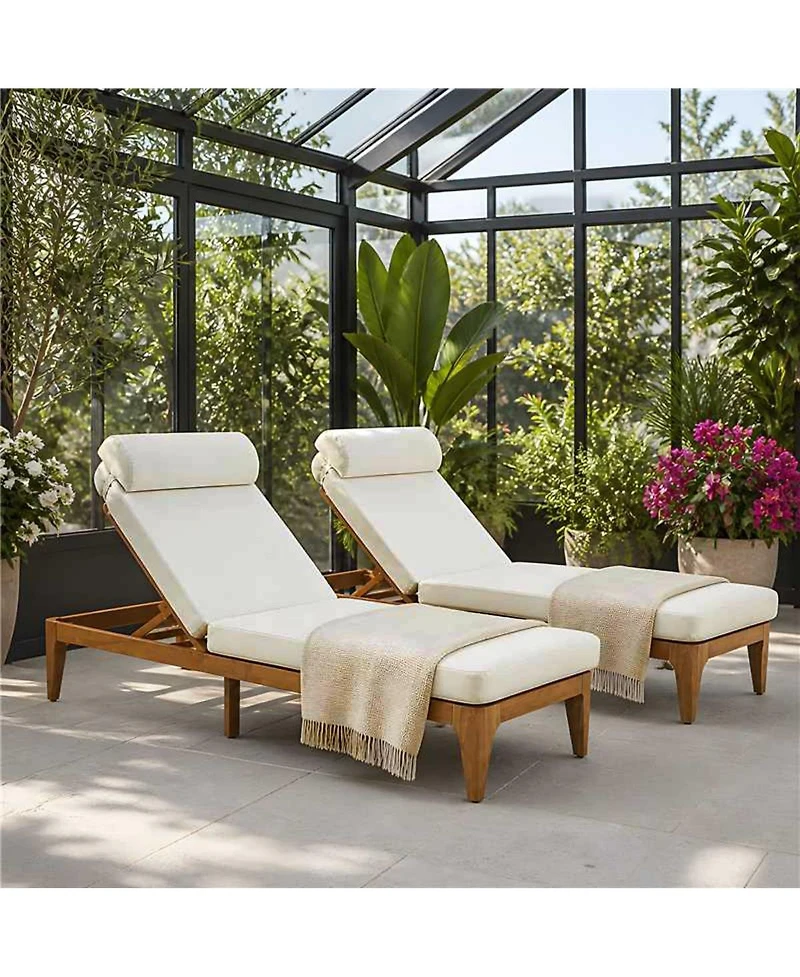 Asagikoiai Set of 2 Acacia Wood Outdoor Chaise Lounges, 4-Position Recliner with Cushions