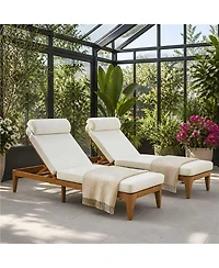 Asagikoiai Set of 2 Acacia Wood Outdoor Chaise Lounges, 4-Position Recliner with Cushions