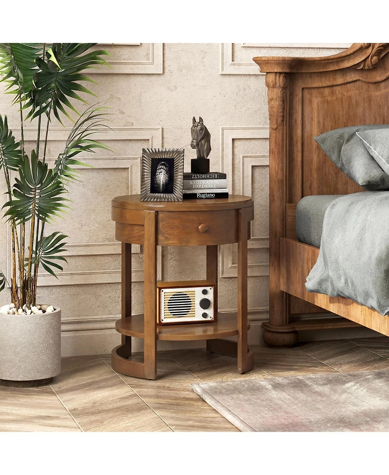 Gymax Round End Table 2-tier Mid Century Modern Nightstand with Drawer and Shelf