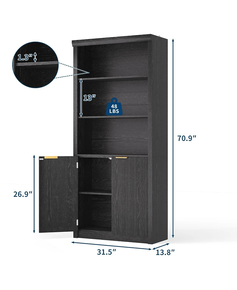 homfan Tall Bookcase, 31.5" Wide wooden Unit with Doors, Farmhouse Large Storage, 5-Shelf Adjustable Top for Home Office, Living Room