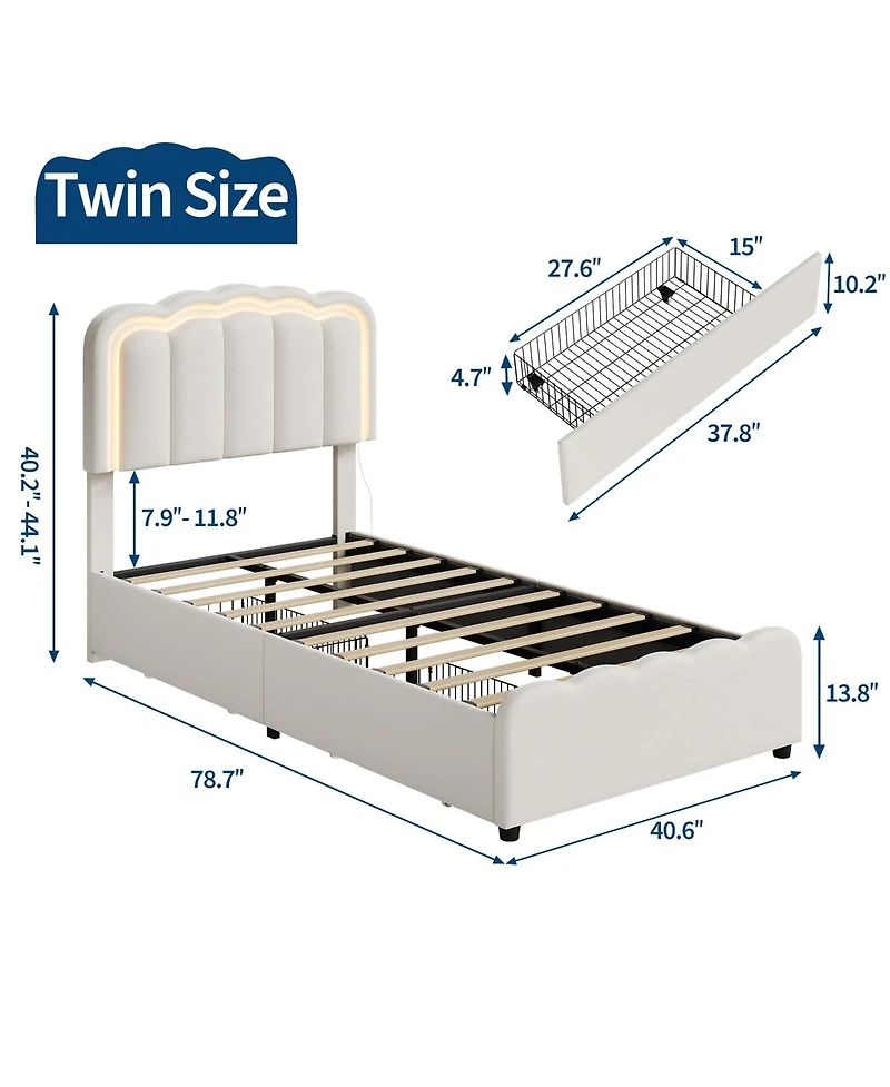 homfan Twin Size Upholstered Platform Bed Frame with Led Lights, Adjustable Headboard, 2 Storage Drawers, No Box Spring Needed, Easy Assembly
