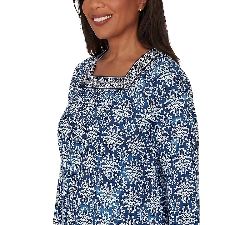 Alfred Dunner Women's Batik Tile Square Neck Top