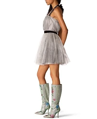 Betsey Johnson Juniors' Halter Open-Back Glittering Tulle Mini Dress