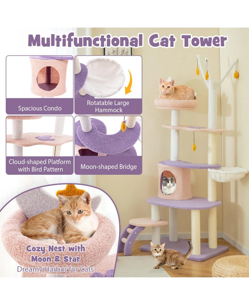 Hongge 55 Inch Multi-Level Cat Tower with Sisal Scratching Posts Hammock and Condo for Small Cats