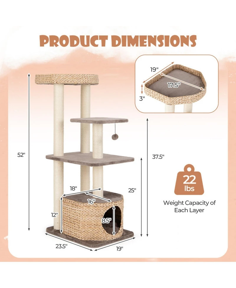 Hongge 52 Inch 4-Layer Cat Tower with Sisal Scratching Posts Condo and Washable Cushions