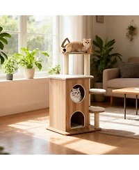 Hongge 48 Inch Wooden Cat Tree with 2-Floor Condo Cat-Head Perch and Sisal Posts