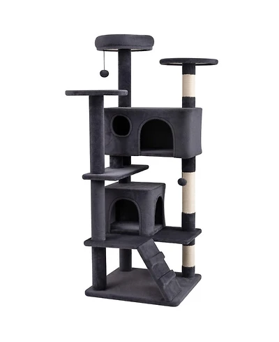 Hongge 52 Inch Cat Tree Tower with Dual Hideaway Caves Padded Perches and Sisal Posts