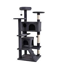 Hongge 52 Inch Cat Tree Tower with Dual Hideaway Caves Padded Perches and Sisal Posts