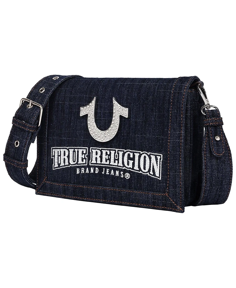True Religion Bling Horseshoe Denim Messenger Bag with Adjustable Strap