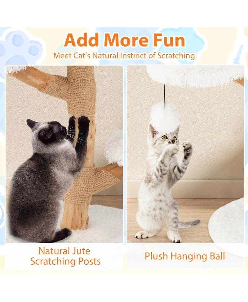 Hongge 35 Inch Solid Pear Wood Cat Tree with Plush Perch and Jute Scratching Posts
