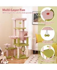 Hongge 58 Inch Multi-Level Floral Cat Tree with Condo Hammock and Sisal Scratching Board