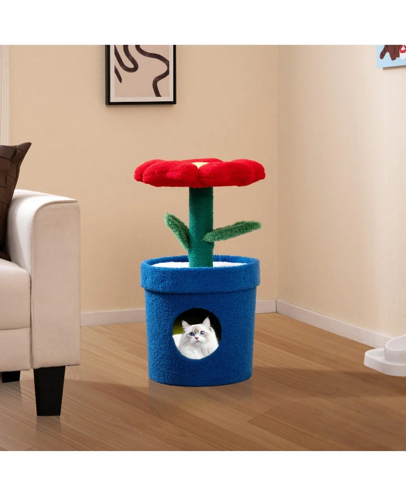 Hongge Potted Plant Cat Tree with Flower Padded Perch and Jute Scratching Posts