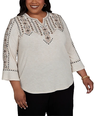 Alfred Dunner Plus Travel Advisory Geo Embroidered Printed Back Top
