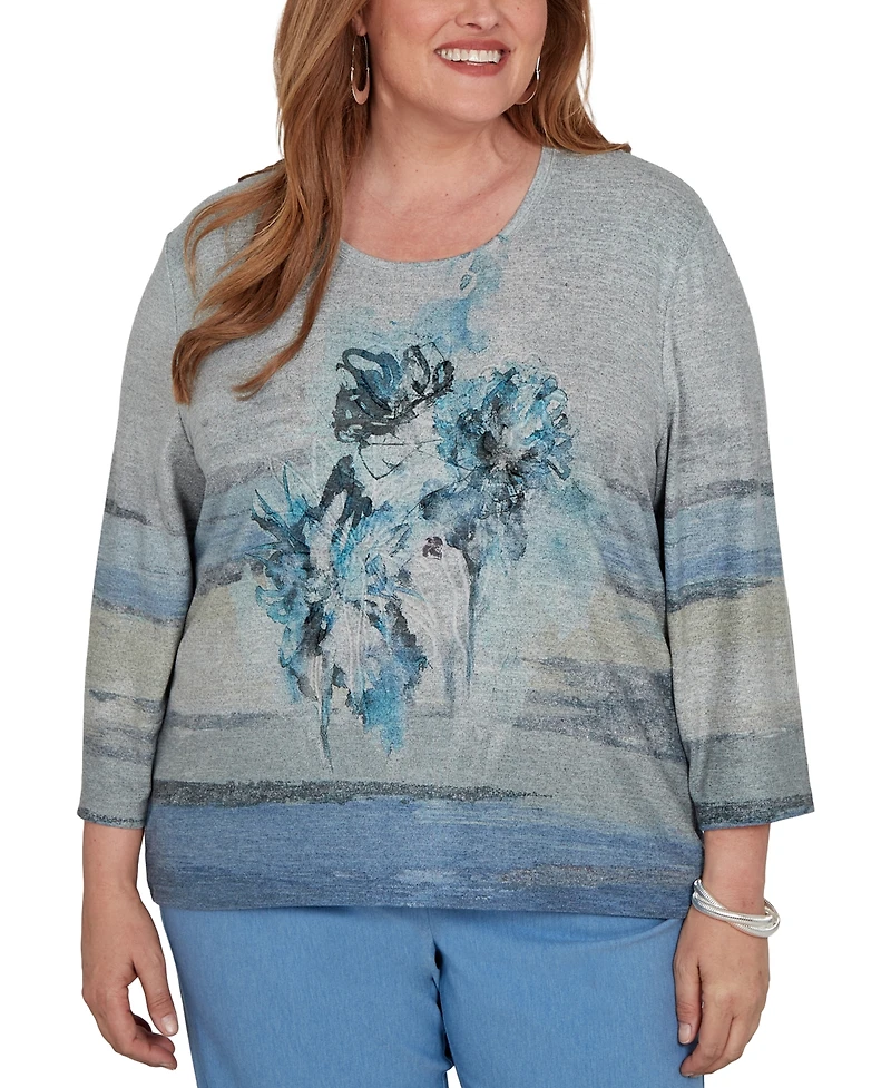 Alfred Dunner Plus Provence Chenille Painted Floral Lace Top
