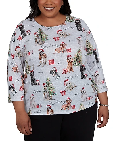 Alfred Dunner Plus Classic Gift Giving Dogs Knit Top