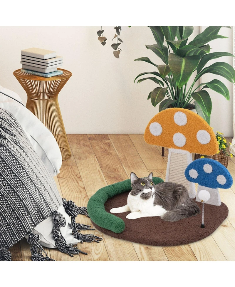 Hongge Mushroom Cat Bed and Claw Scratcher with Wide Cushion and Sisal Scratch Panel