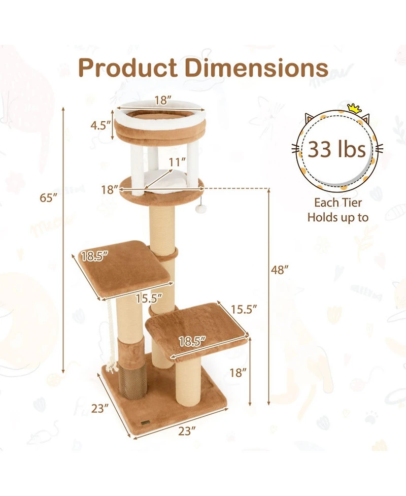 Hongge 65 Inch Cat Tree with Dual Padded Perches Removable Washable Bed and Self-Groomer