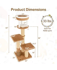 Hongge 65 Inch Cat Tree with Dual Padded Perches Removable Washable Bed and Self-Groomer