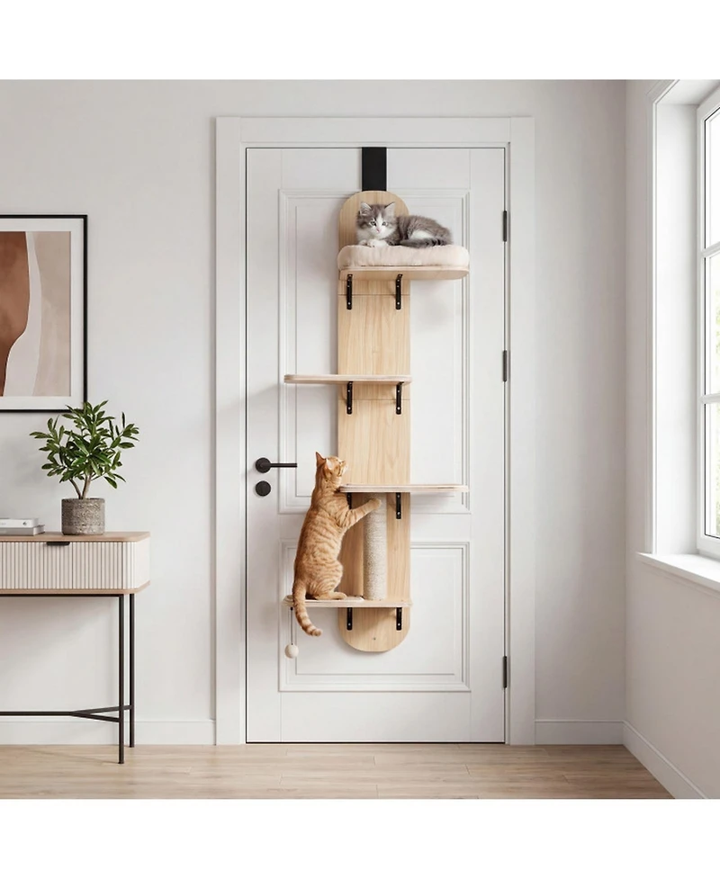 Hongge Door-Hanging Cat Climber 4-Level Adjustable Height with Plush Bed and Jute Post