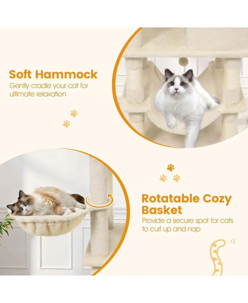 Hongge 66 Inch Cat Tree with 2 Condos Hammock Basket and Sisal Scratching Posts