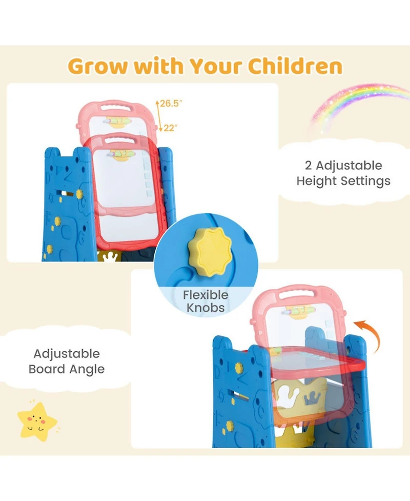 Hongge 4-in-1 Kids Art Easel with Magnetic Whiteboard Chalkboard and Bookshelf